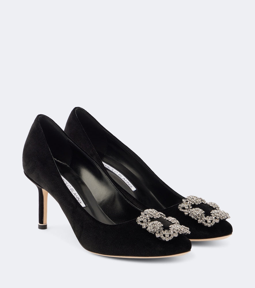 Manolo Blahnik Hangisi 70 embellished velvet pumps - Black Mid Heel Pumps