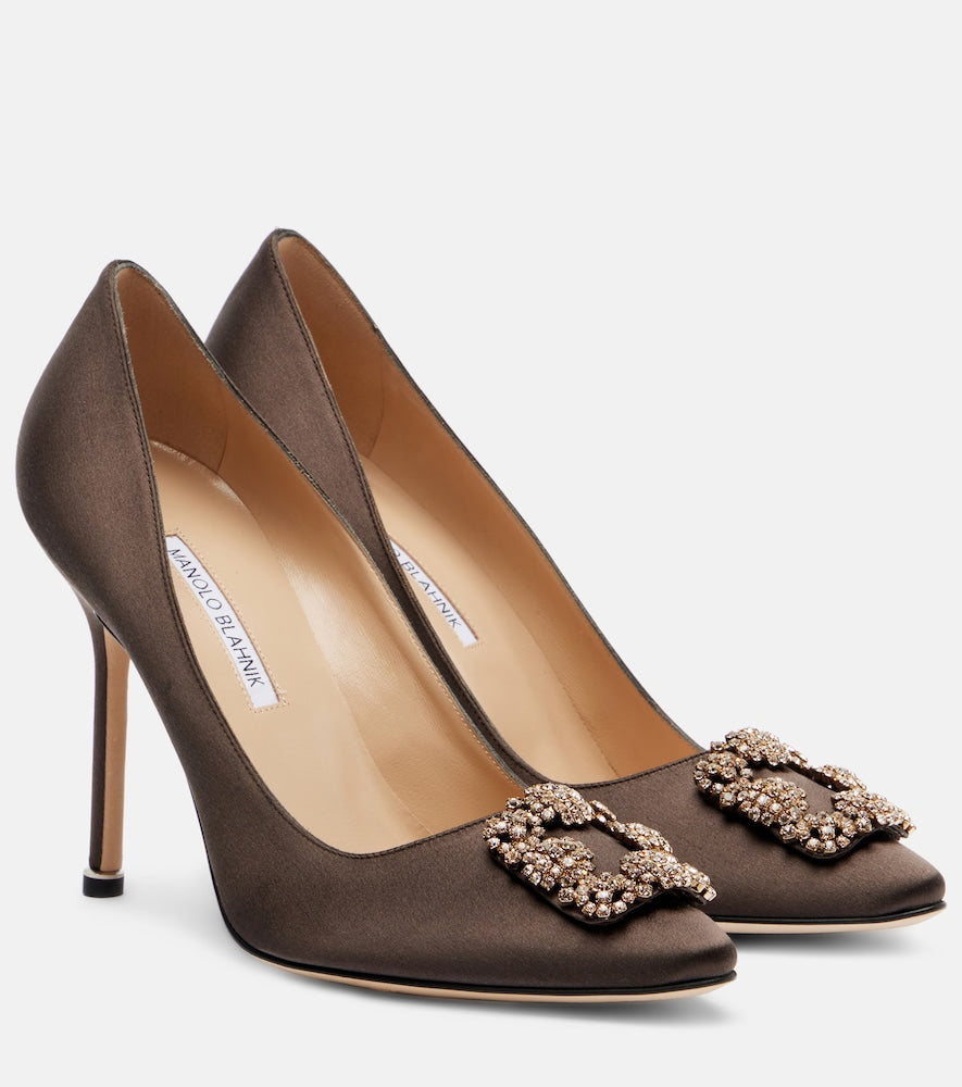 Manolo Blahnik Hangisi 90 embellished satin pumps (Brown) - High-Heel Pumps