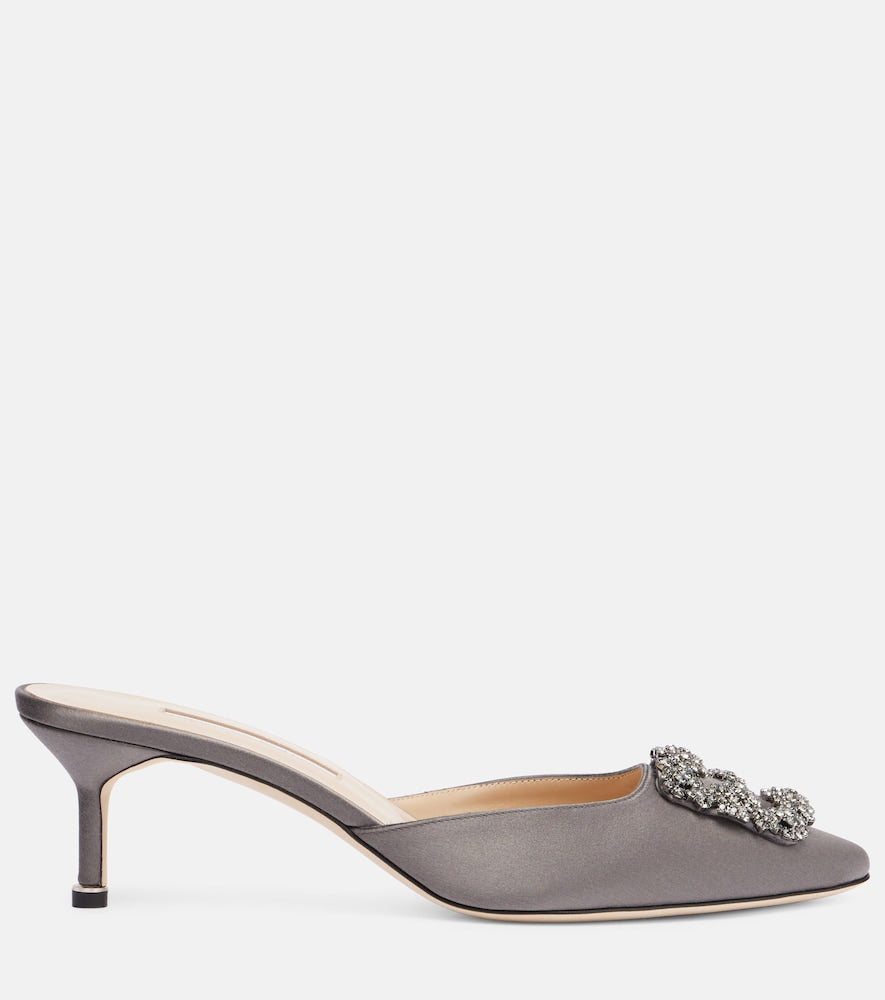 Manolo Blahnik Hangisimu embellished satin mules in Grey - Mid Heel Pumps