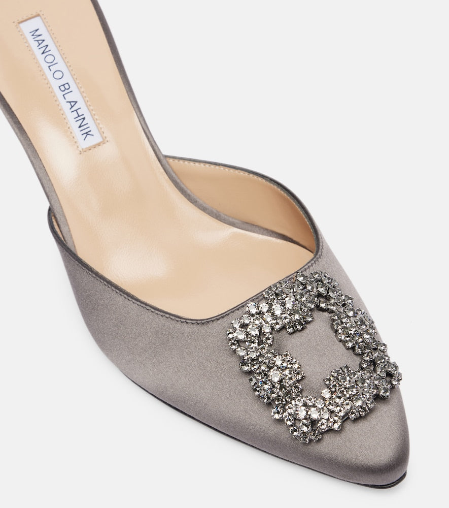 Manolo Blahnik Hangisimu embellished satin mules in Grey - Mid Heel Pumps