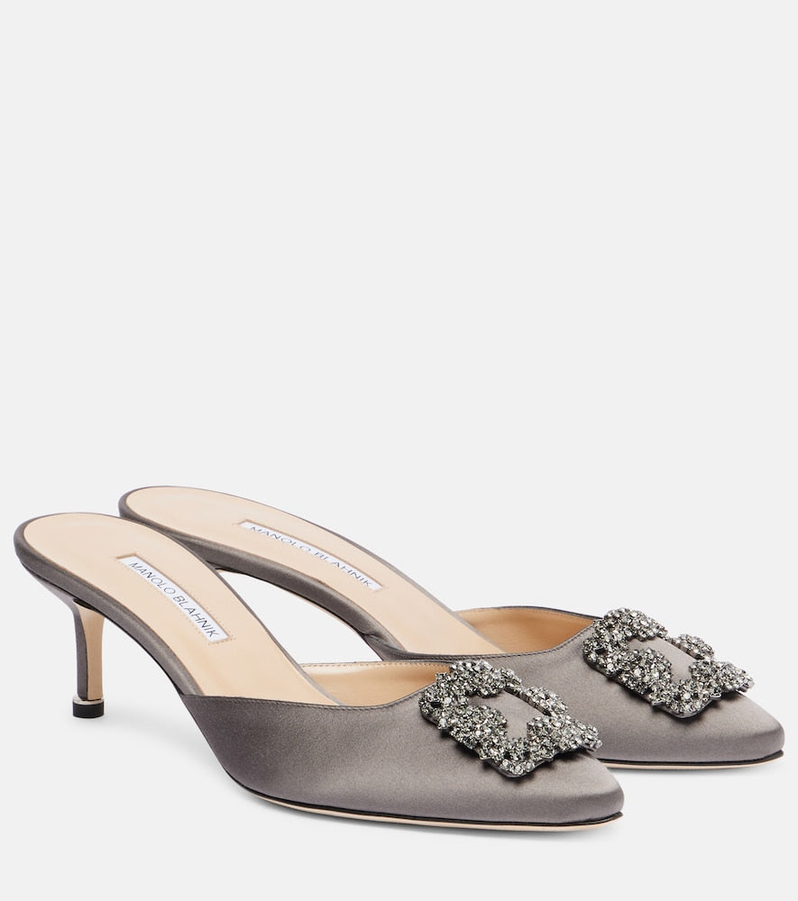 Manolo Blahnik Hangisimu embellished satin mules in Grey - Mid Heel Pumps