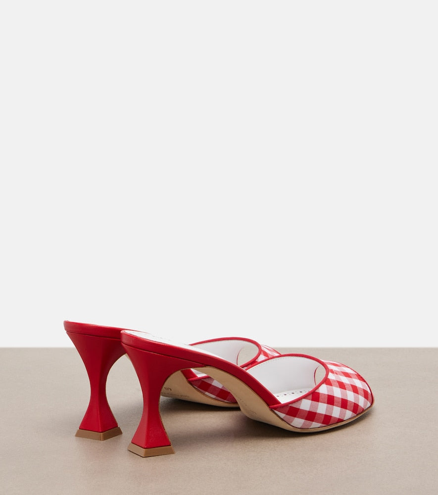 Manolo Blahnik Jadara leather-trimmed gingham mules in Red - Mid Heel Sandals