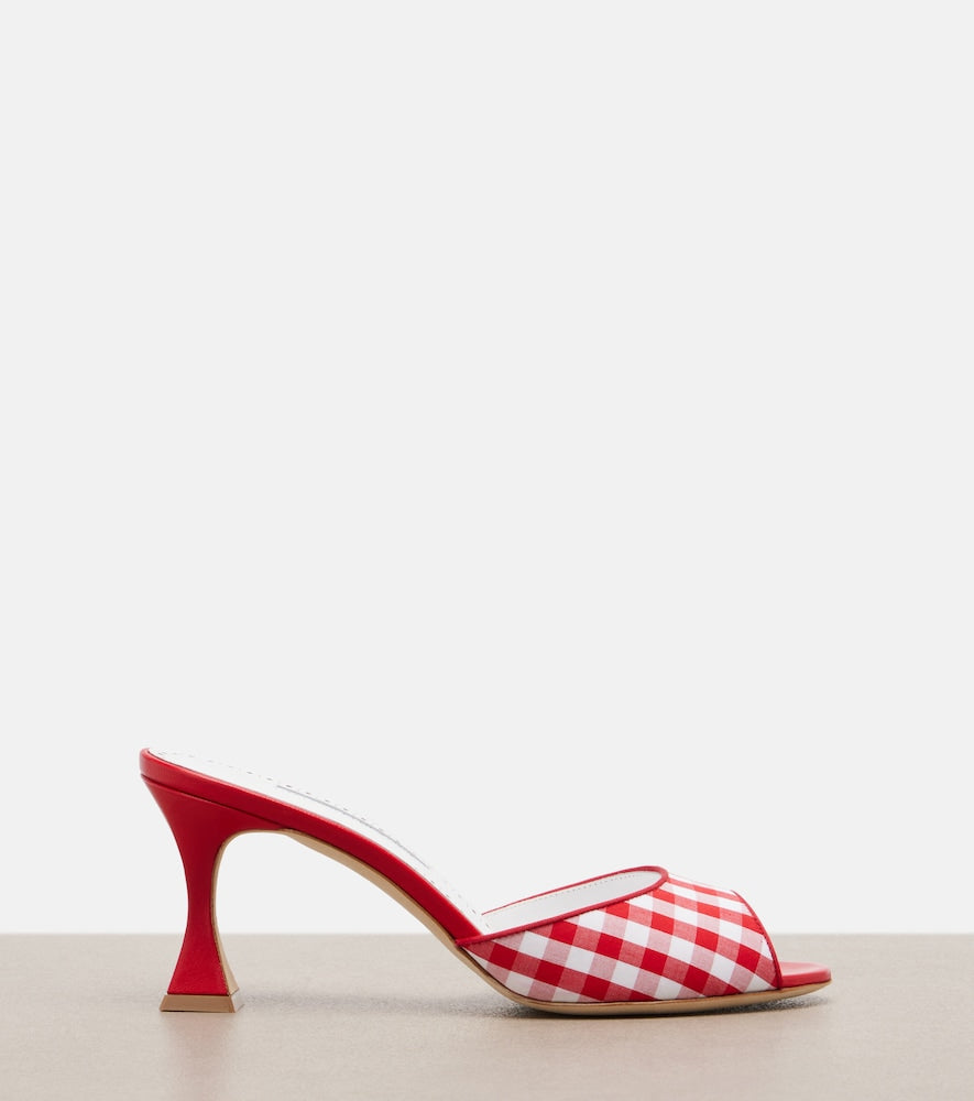 Manolo Blahnik Jadara leather-trimmed gingham mules in Red - Mid Heel Sandals