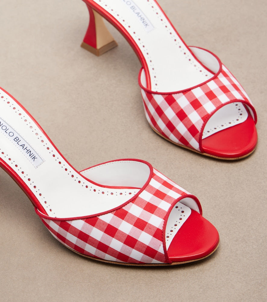 Manolo Blahnik Jadara leather-trimmed gingham mules in Red - Mid Heel Sandals