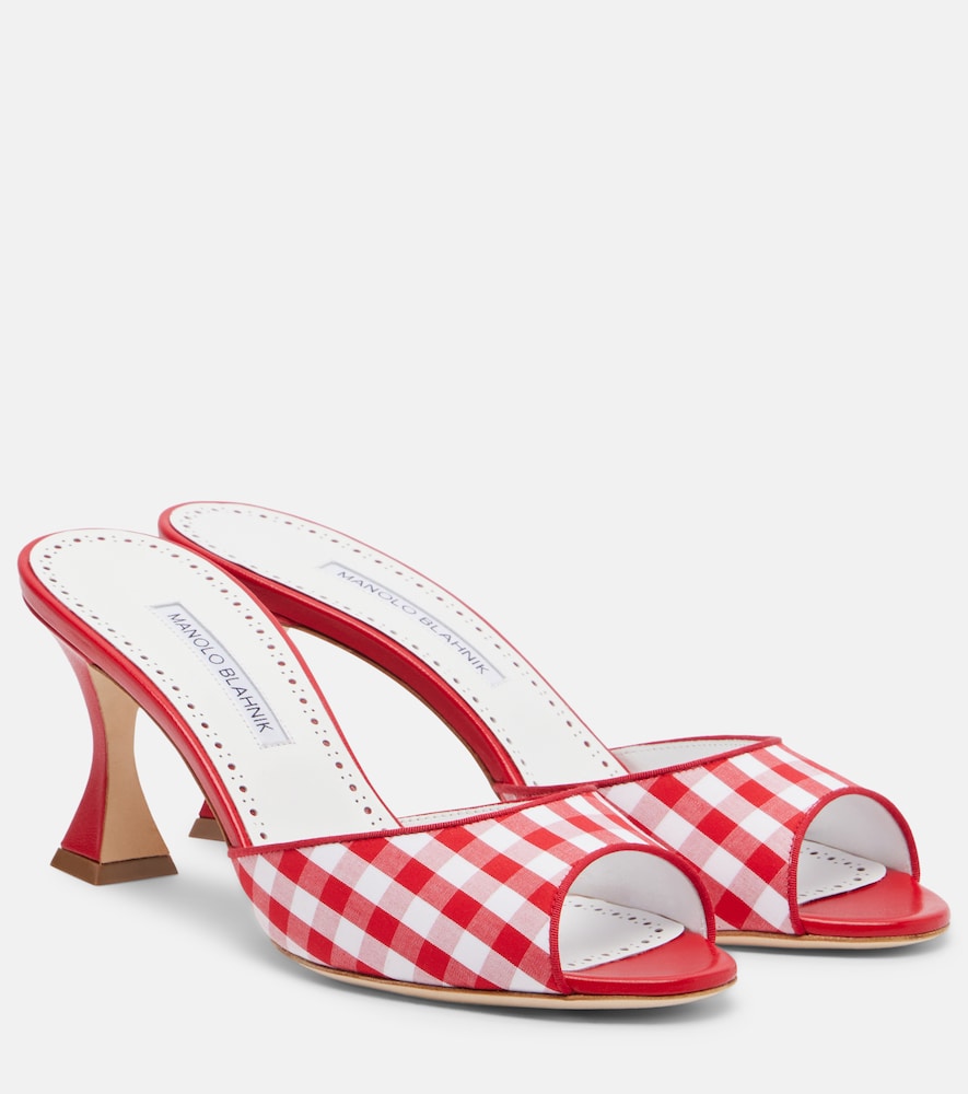Manolo Blahnik Jadara leather-trimmed gingham mules in Red - Mid Heel Sandals