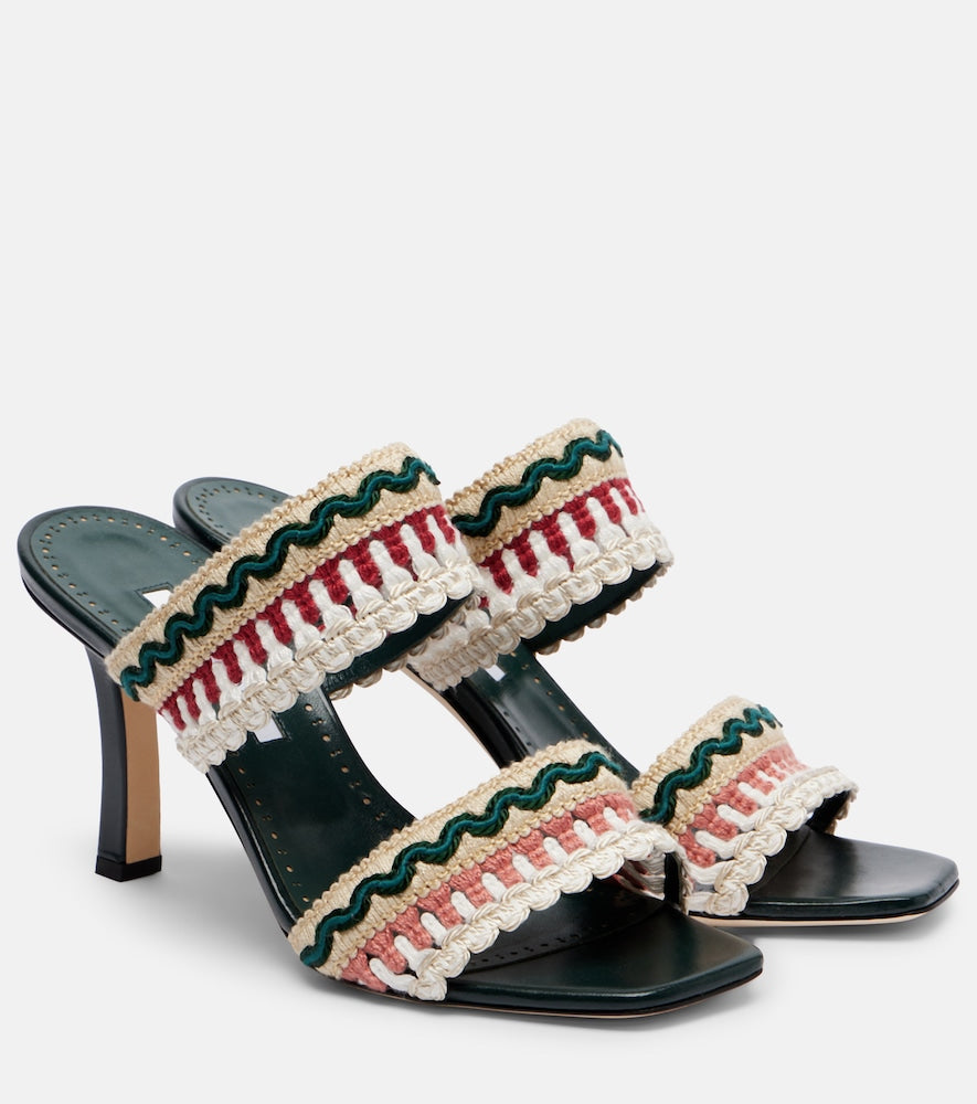 Manolo Blahnik Mabeco 90 leather-trimmed knitted mules in Multicoloured - Heeled Sandals