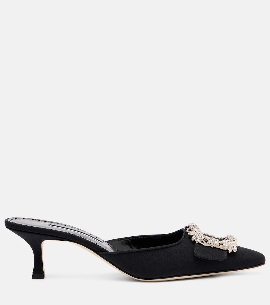 Manolo Blahnik Maysale Jewel 50 crepe de chine mules (Black) - Mid Heel Pumps