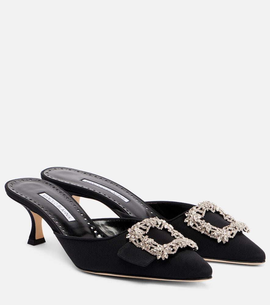 Manolo Blahnik Maysale Jewel 50 crepe de chine mules (Black) - Mid Heel Pumps