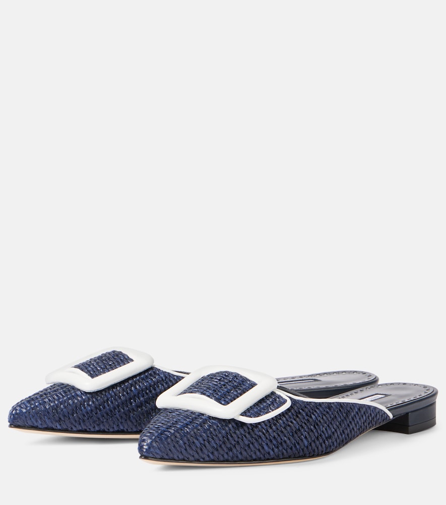 Manolo Blahnik Maysale leather-trimmed raffia mules in Blue - Mules