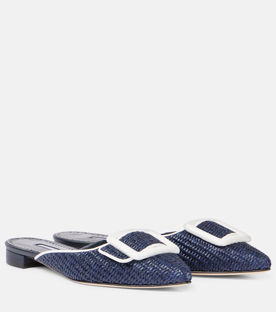 Manolo Blahnik Maysale leather-trimmed raffia mules in Blue - Mules
