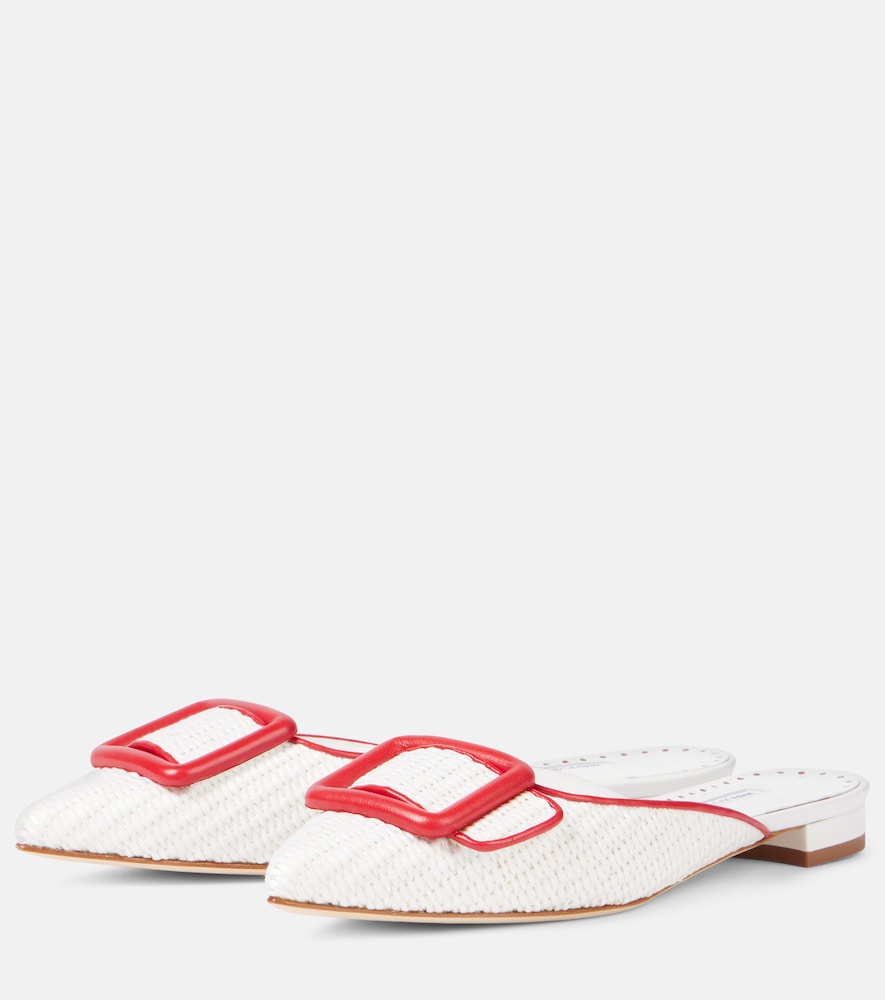 White Manolo Blahnik Maysale leather-trimmed raffia mules - Mules