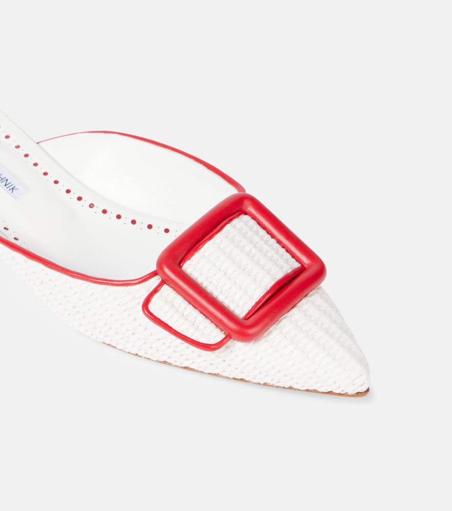 White Manolo Blahnik Maysale leather-trimmed raffia mules - Mules
