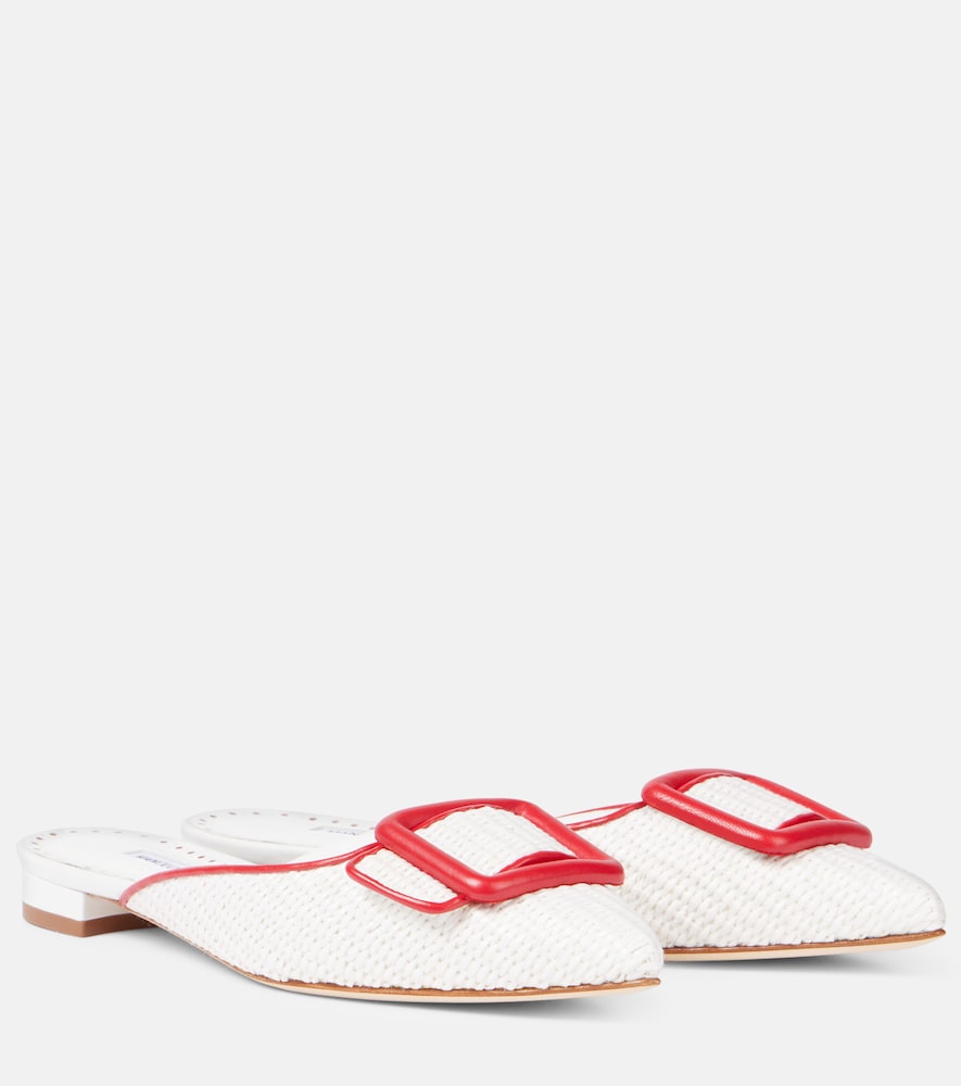 White Manolo Blahnik Maysale leather-trimmed raffia mules - Mules