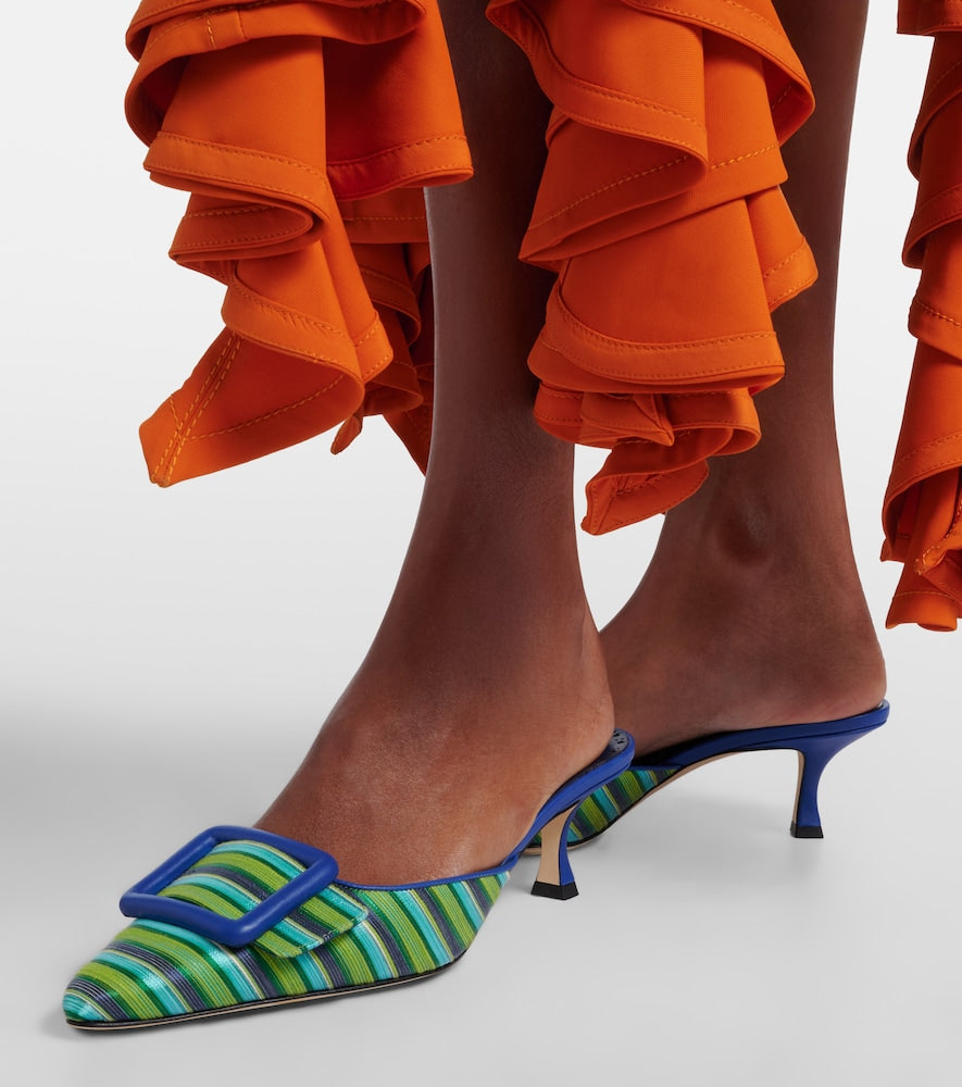 Blue Manolo Blahnik Maysalebi striped leather-trimmed mules - Mid Heel Pumps
