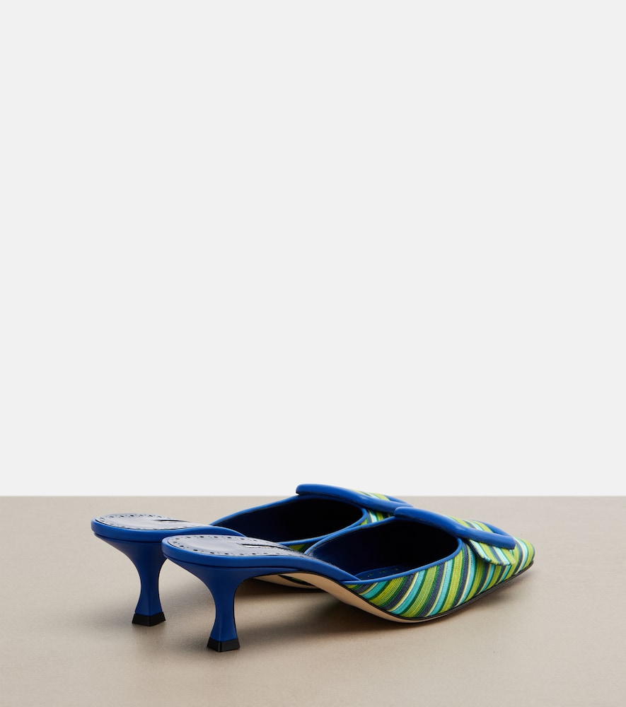 Blue Manolo Blahnik Maysalebi striped leather-trimmed mules - Mid Heel Pumps