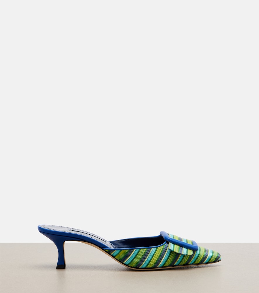 Blue Manolo Blahnik Maysalebi striped leather-trimmed mules - Mid Heel Pumps