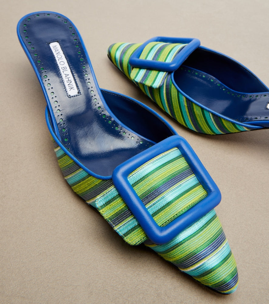 Blue Manolo Blahnik Maysalebi striped leather-trimmed mules - Mid Heel Pumps
