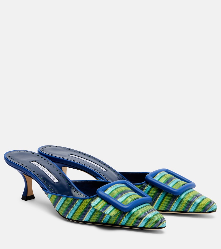 Blue Manolo Blahnik Maysalebi striped leather-trimmed mules - Mid Heel Pumps