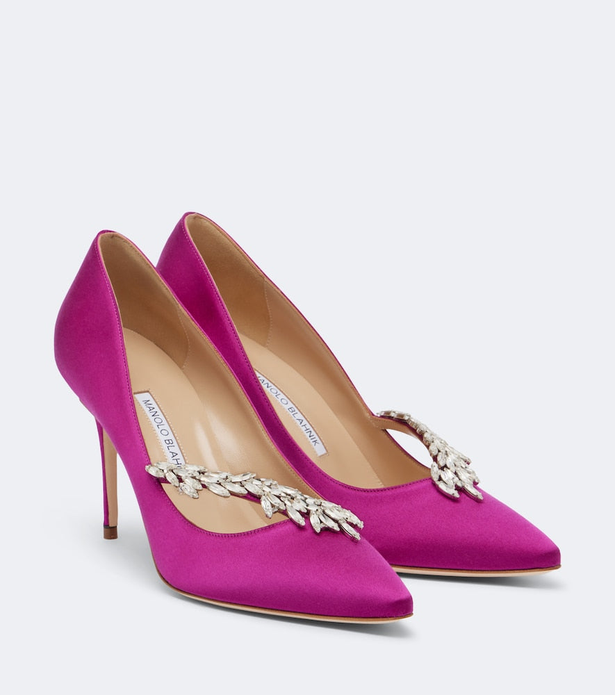 Pink Manolo Blahnik Nadira embellished satin pumps - High-Heel Pumps
