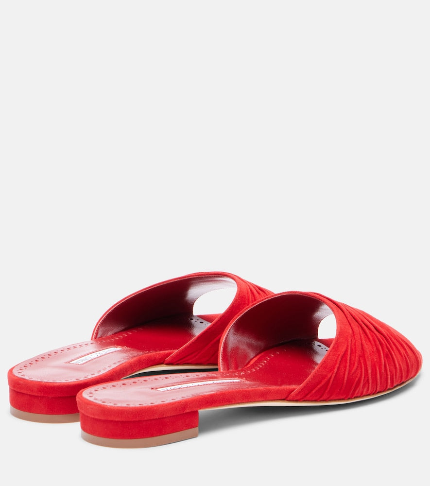 Manolo Blahnik Piruaflat gathered suede slides in Red - Flat Sandals