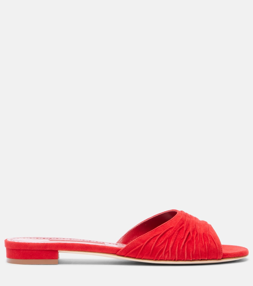 Manolo Blahnik Piruaflat gathered suede slides in Red - Flat Sandals