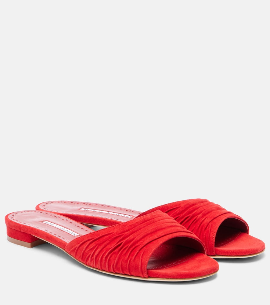 Manolo Blahnik Piruaflat gathered suede slides in Red - Flat Sandals