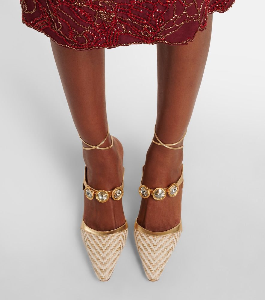 Gold Manolo Blahnik Soria embellished leather-trimmed pumps - Mid Heel Pumps