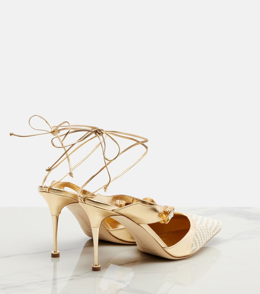 Gold Manolo Blahnik Soria embellished leather-trimmed pumps - Mid Heel Pumps