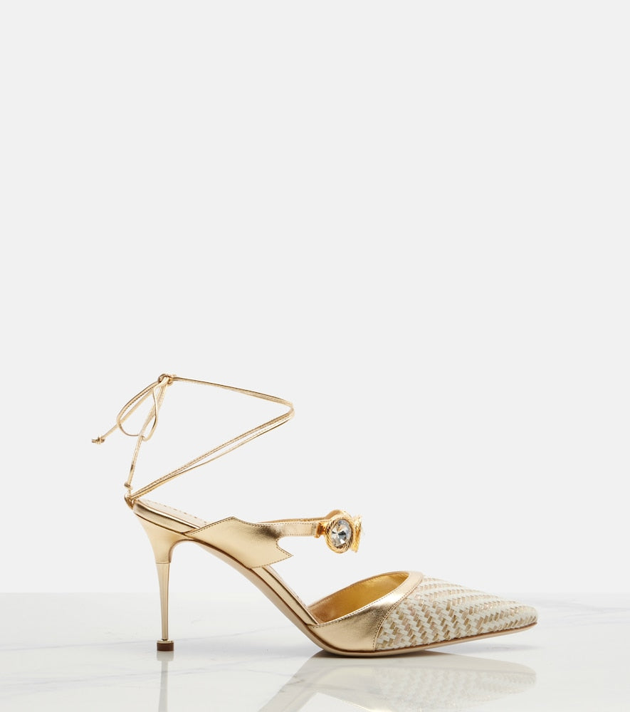 Gold Manolo Blahnik Soria embellished leather-trimmed pumps - Mid Heel Pumps