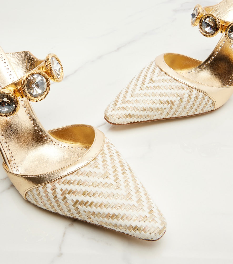 Gold Manolo Blahnik Soria embellished leather-trimmed pumps - Mid Heel Pumps