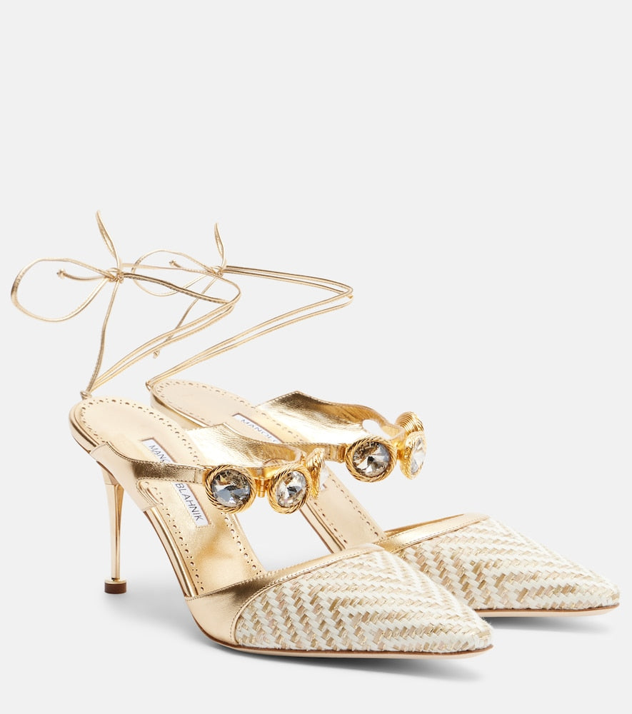 Gold Manolo Blahnik Soria embellished leather-trimmed pumps - Mid Heel Pumps