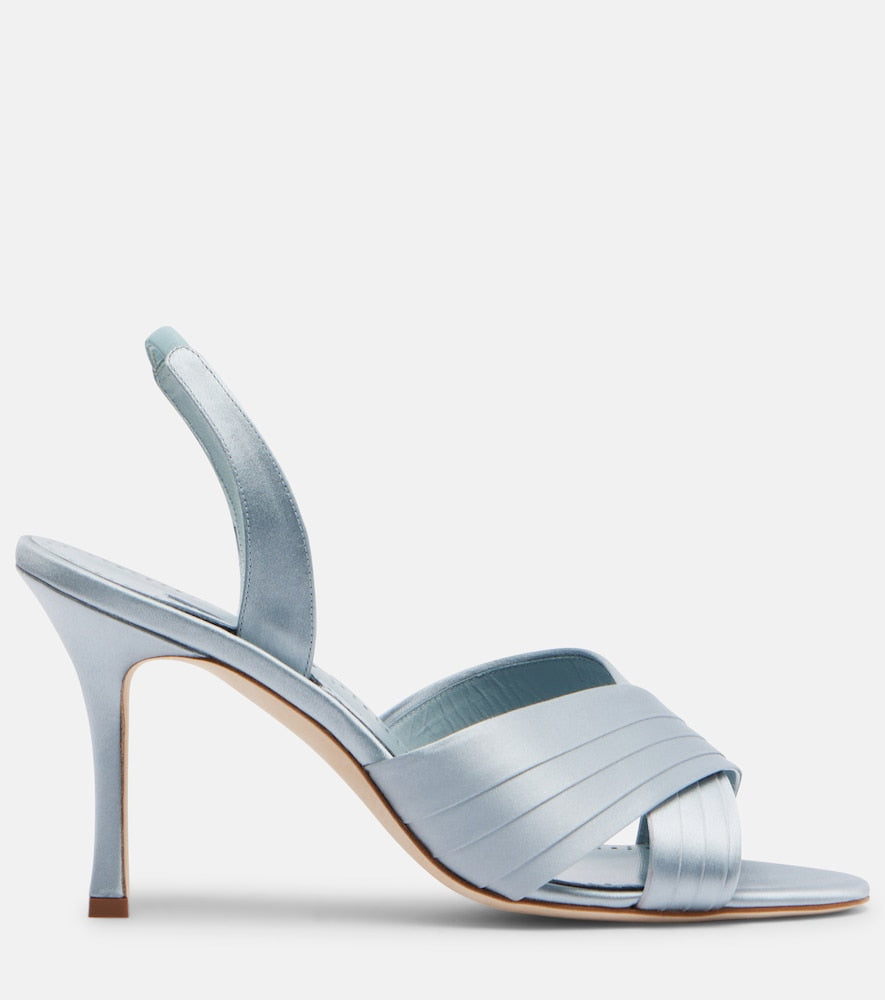 Manolo Blahnik Viera 90 satin slingback sandals - Blue Heeled Sandals
