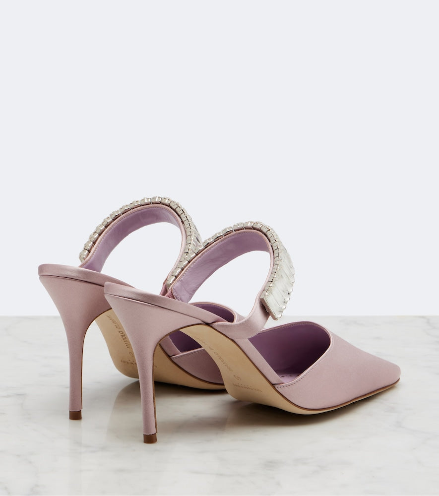Pink Manolo Blahnik Zumbon embellished satin mules - High-Heel Pumps