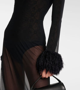 Marine Serre Faux feather-trimmed mesh maxi dress