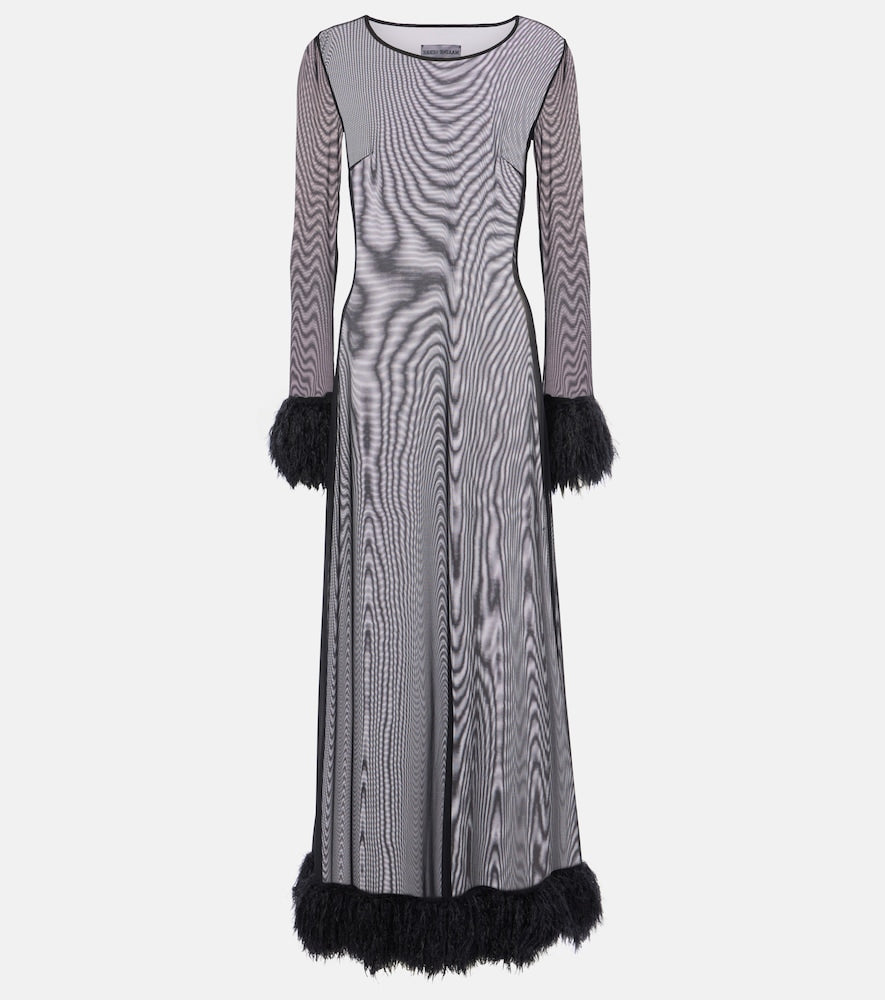Marine Serre Faux feather-trimmed mesh maxi dress. Marine Serre 仿羽毛饰边网纱长裙
