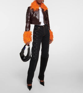 Marine Serre Faux fur-trimmed leather jacket