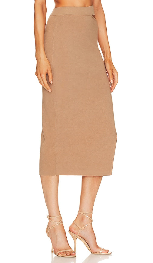 Michael Costello Ismane Knit Midi Skirt in Taupe