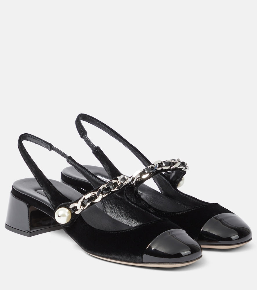Miu Miu Chain-detail velvet slingback pumps - Miu Miu 链条装饰丝绒露跟高跟鞋