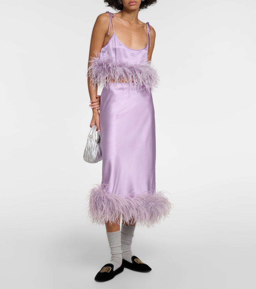 Miu Miu Feather-trimmed satin midi skirt