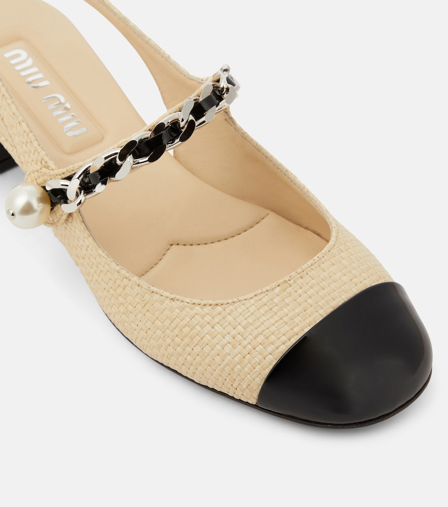 Miu Miu Leather-trimmed raffia slingback pumps