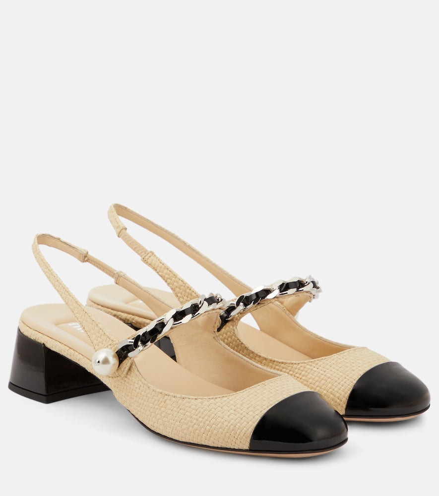 Miu Miu Leather-trimmed raffia slingback pumps - Miu Miu 皮革饰边拉菲草编织露跟高跟鞋