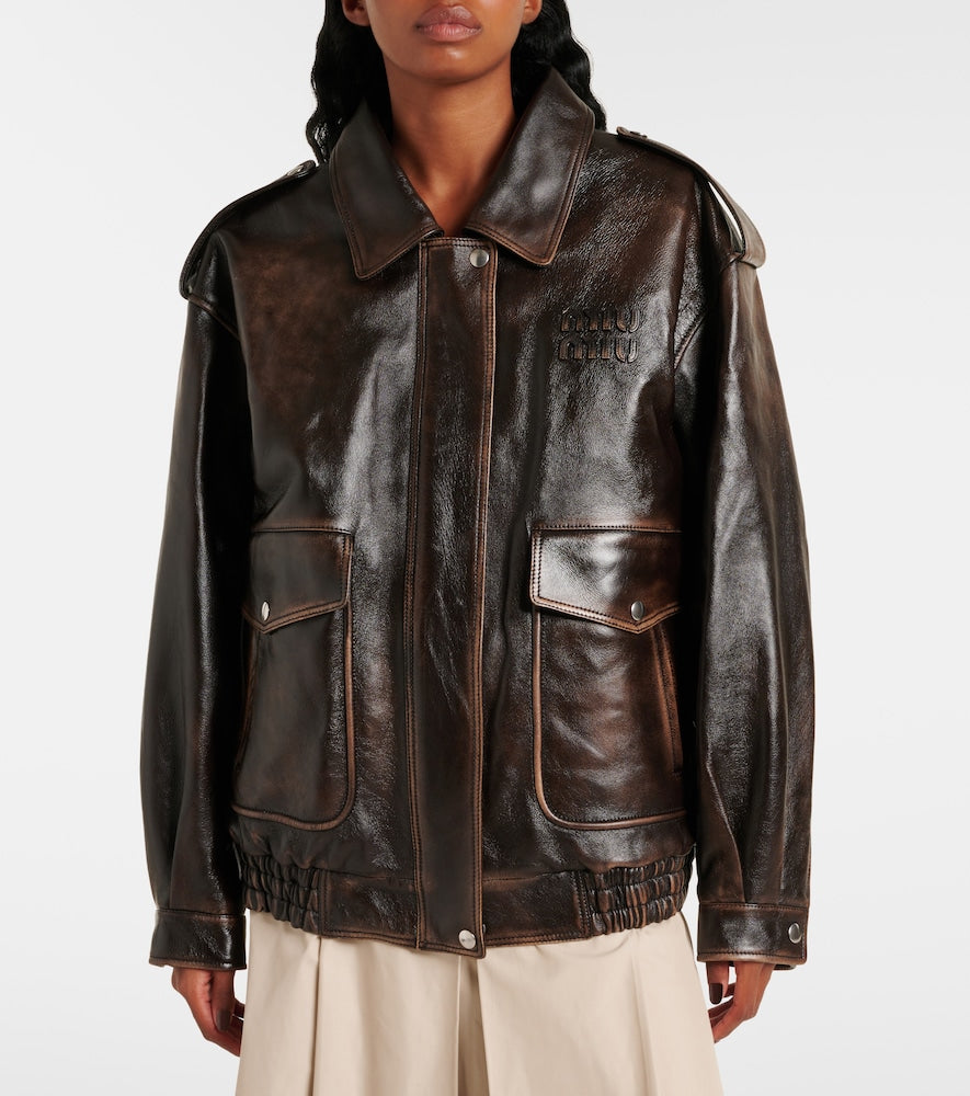 Miu Miu Logo faux shearling-trimmed leather jacket