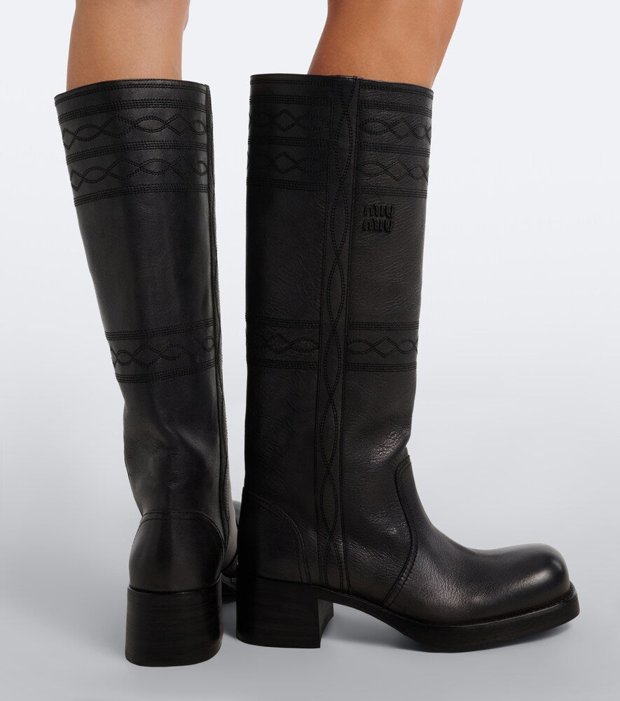 Black Miu Miu Embroidered leather knee-high boots - Flat Boots