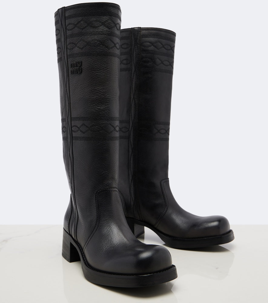 Black Miu Miu Embroidered leather knee-high boots - Flat Boots