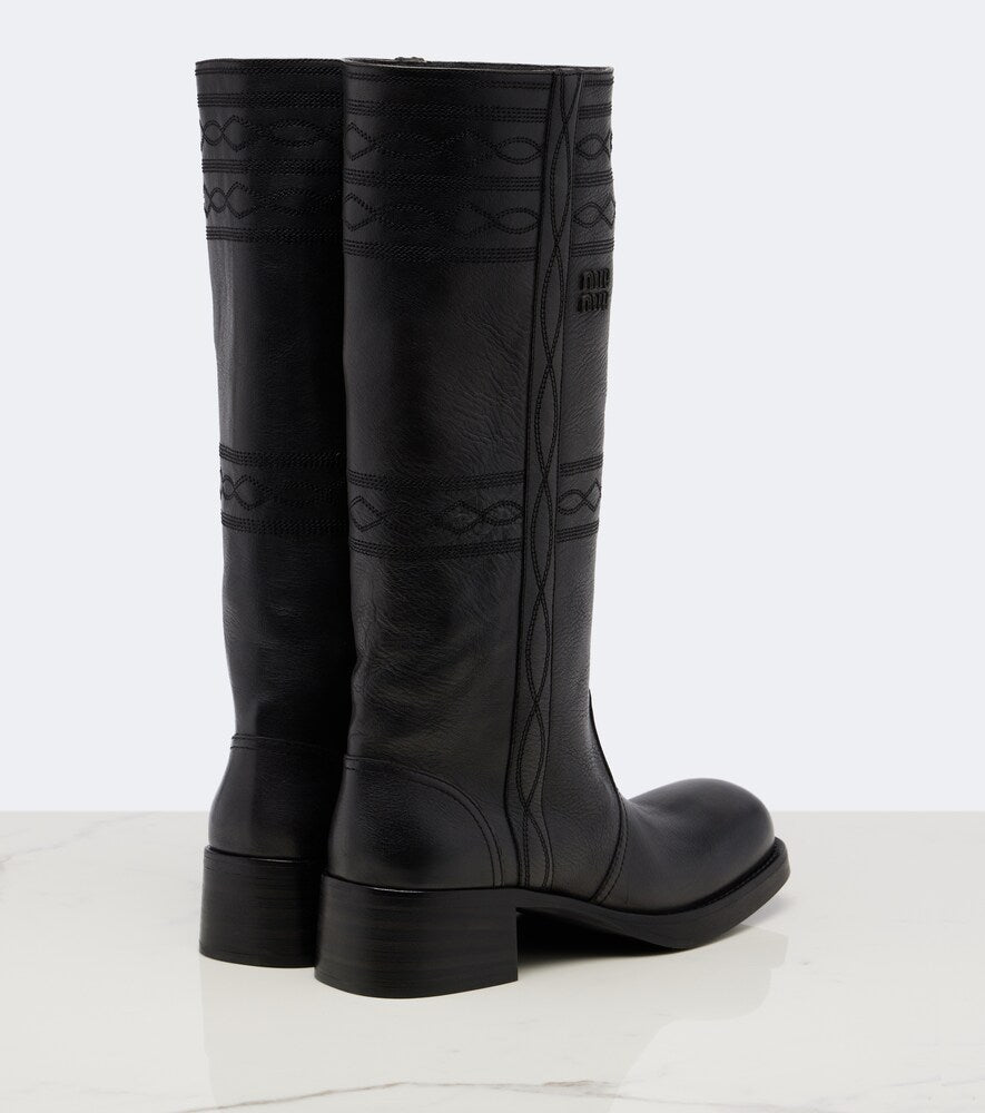 Black Miu Miu Embroidered leather knee-high boots - Flat Boots