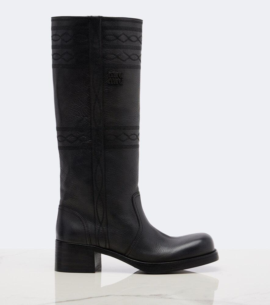 Black Miu Miu Embroidered leather knee-high boots - Flat Boots