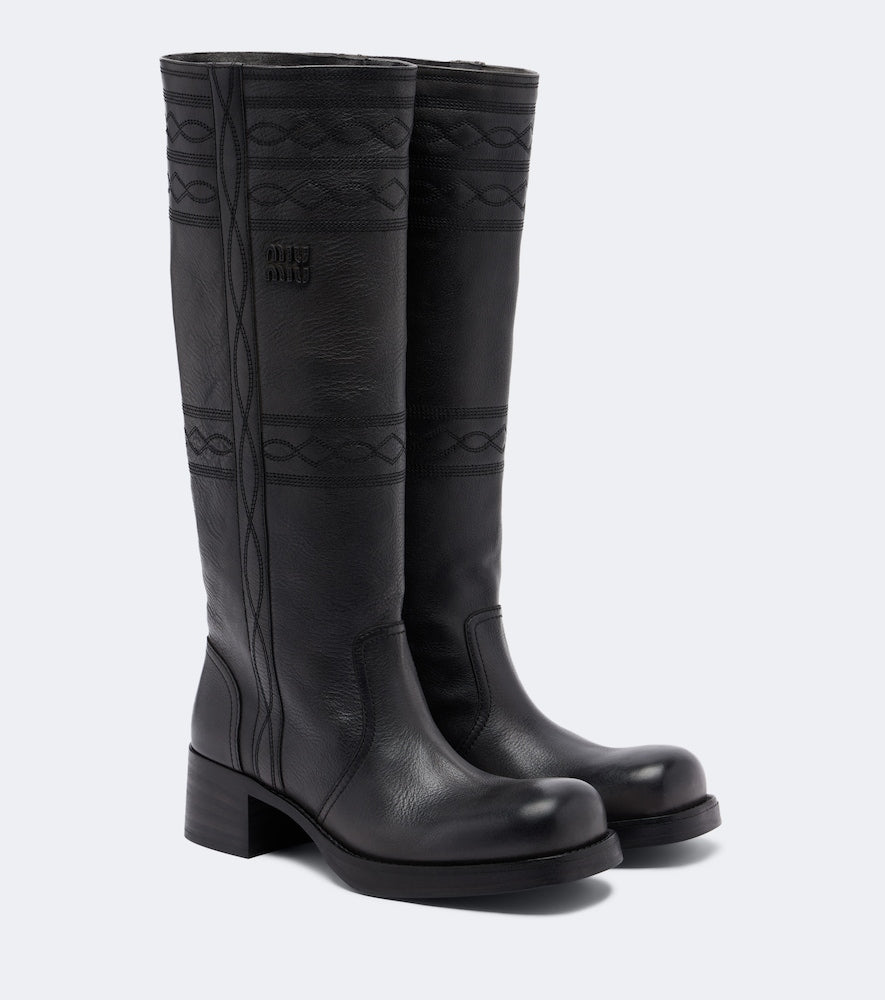 Black Miu Miu Embroidered leather knee-high boots - Flat Boots