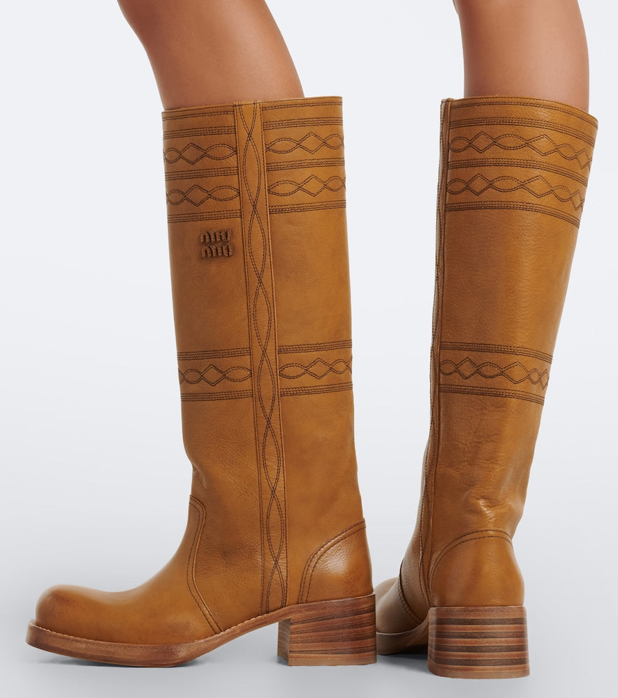 Miu Miu Embroidered leather knee-high boots in Brown - Heeled Boots
