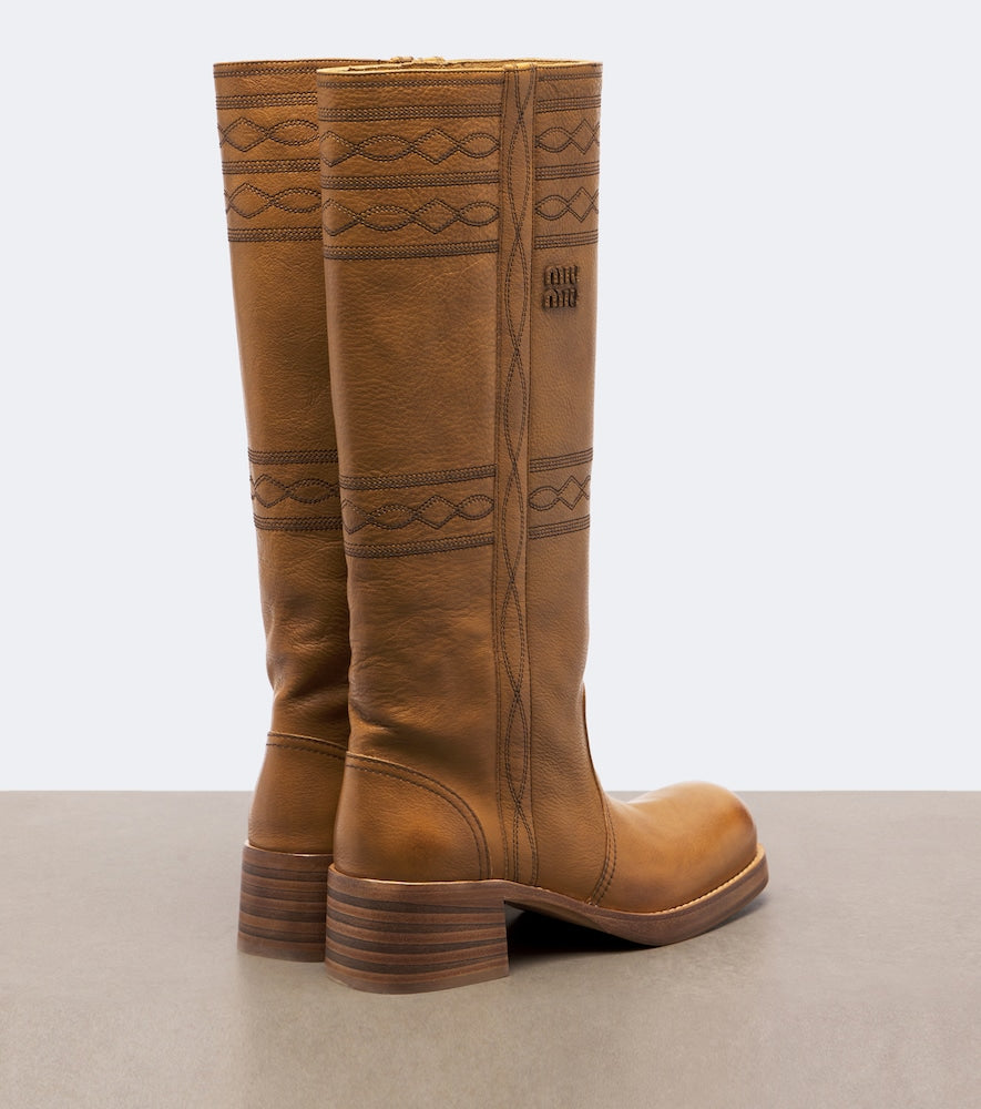 Miu Miu Embroidered leather knee-high boots in Brown - Heeled Boots