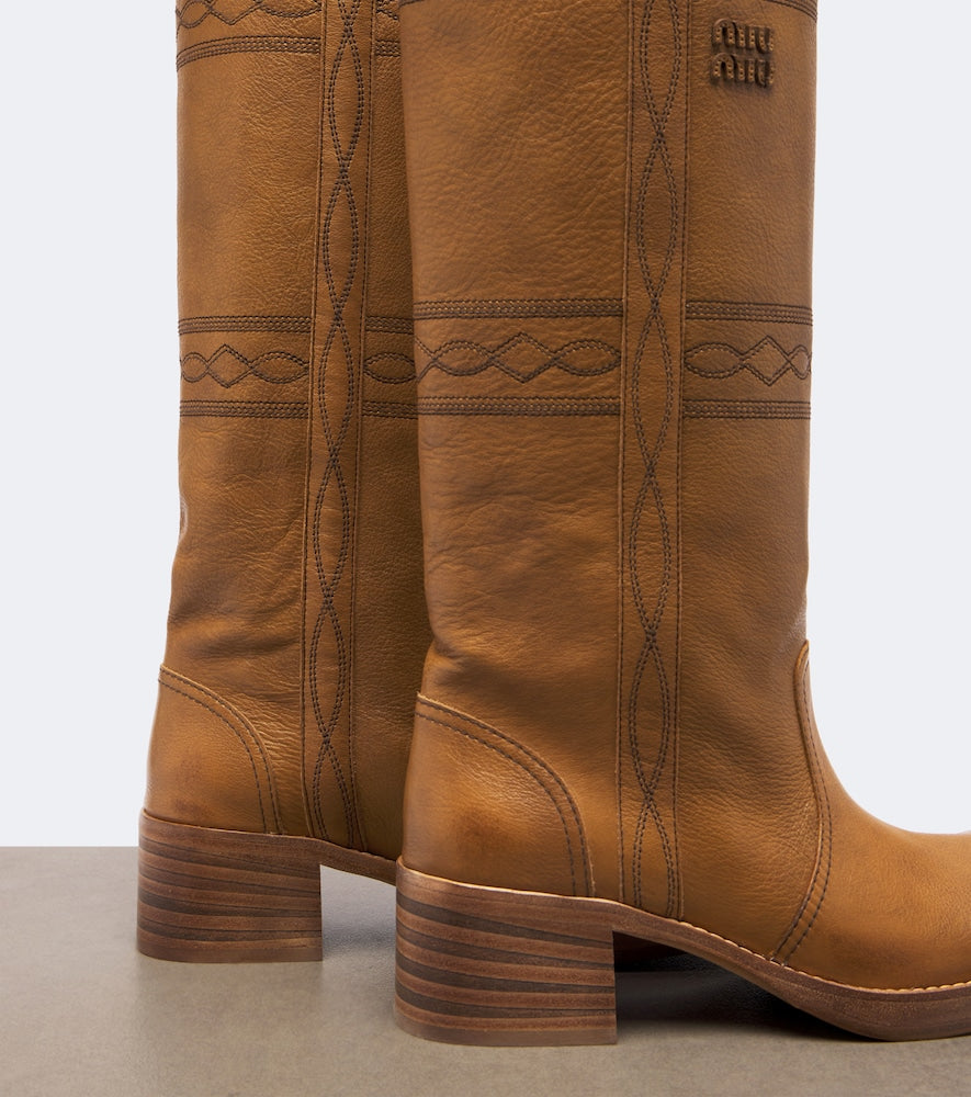Miu Miu Embroidered leather knee-high boots in Brown - Heeled Boots